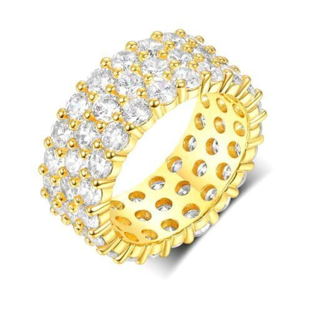 2338 18K Yellow Gold Plated Round-Cut 3 Row Cubic Zirconia All-Around Band